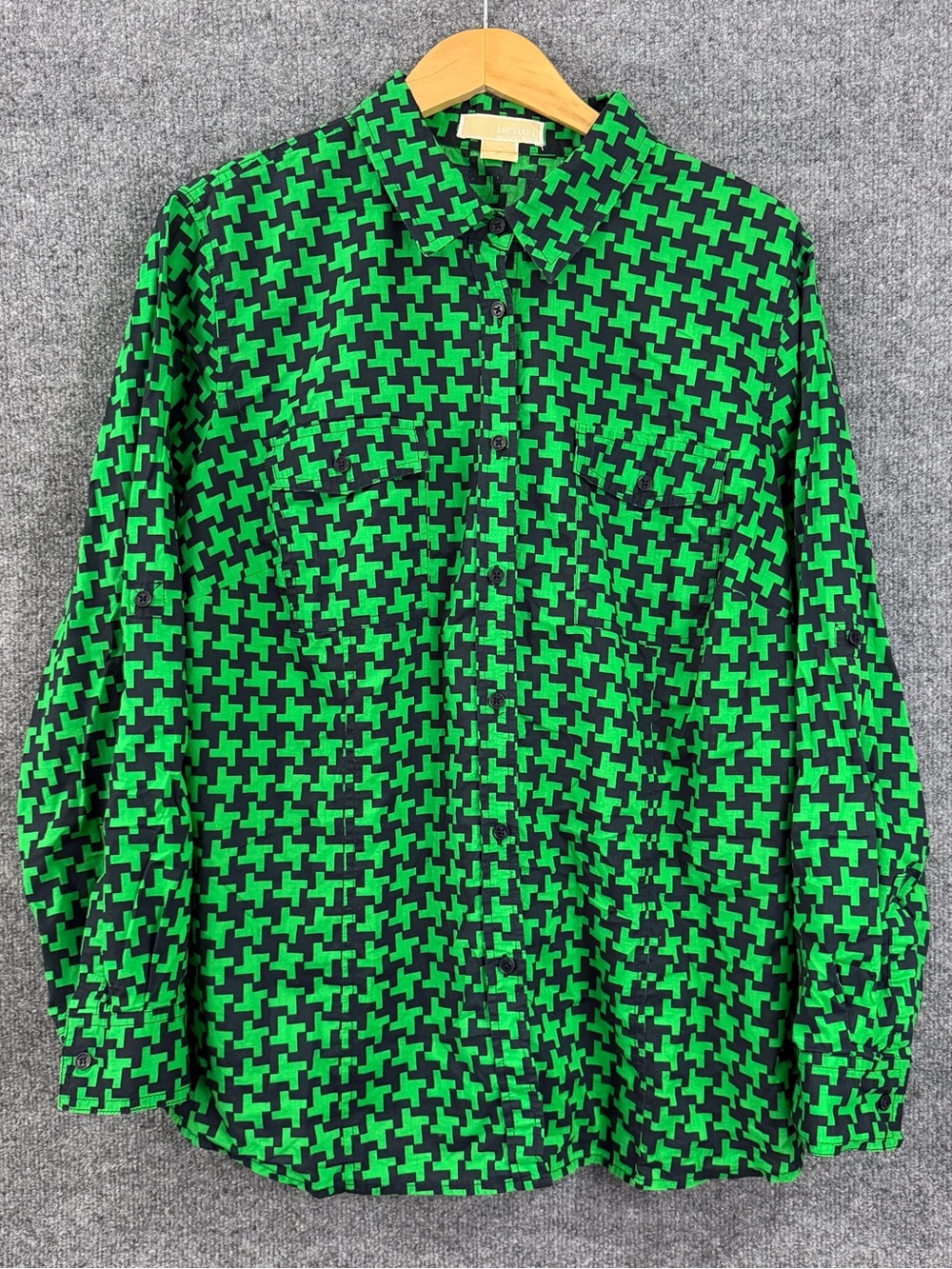 MICHAEL Michael Kors Womens 2X Geometric Button Up Top Green Navy Office Career